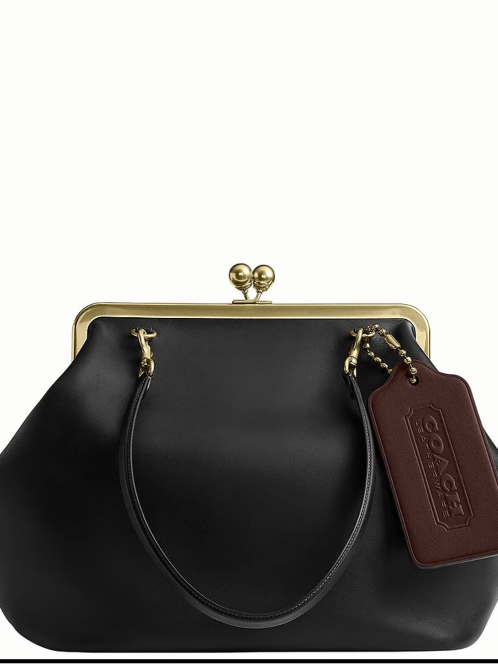 Coach Black Leather Kiss-Lock Top-Handle Bag with Gold Hardware and Brown Tag